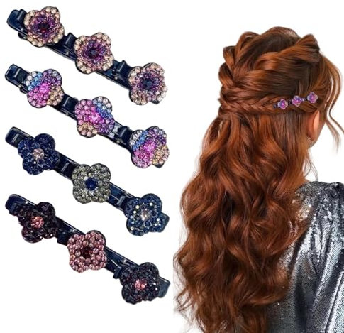 Kinwodon 4 Stück Glitzer Haarspange Strass Haarspangen mit Kristallblume Geflochtene Haarspangen Hair Clip Haarnadel mit Vierblättrigem Kleeblatt Entenschnabel Haarspange Haarschmuck für Frauen