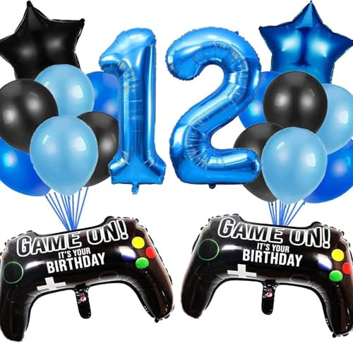 HCRXVV Gamer Deko 12. Geburtstag Junge,12 Jahr Videospiel Geburtstagsdeko,Blaue Ballons Set mit Schwarz Gamecontroller Luftballons für 12th Gamer Kinder Geburtstagsdeko Party Zubehör