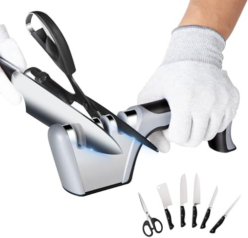 Albert Austin Knife Sharpener 4 Slot Kitchen Knife Sharpener with Ergonomic Grip Handle 4 in 1 Knife Sharpening Tool with Non-Slip Base Knives Sharpener with Cut Protective Gloves for Knives Scissors