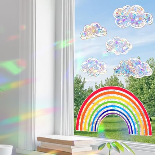 VIDSTW Fensterbilder Selbstklebend Fensteraufkleber 30Cm x 40Cm Suncatcher Sticker Vogelschutz Aufkleber für Fenster Fenstersticker für Fenster Glas Spiegel Türen Kühlschränke (Regenbogenwolken)