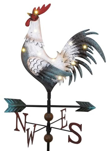 TERESA'S COLLECTIONS Wetterhahn Windfahne,Metall-Hahn Wind Vane 86cm,Weiß Hahn-Wetterfahne,Gartendeko für Draußen,Windrichtungsanzeige Solar Dekoration für Garten,Geschenk für Mama/Papa/Freund