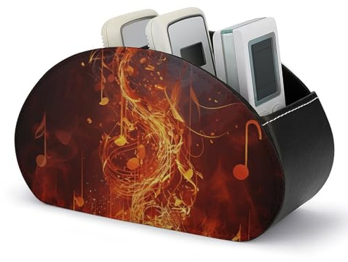BTCOWZRV Support de télécommande en cuir synthétique avec 5 compartiments pour télécommande TV, flamme rouge, note de musique, boîte à télécommande, porte-stylo pour organiseurs de bureau