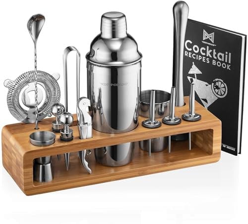 Bartender Kit: 23-Piece Bar Set Cocktail Shaker Set with Stylish Bamboo Stand | Perfect for Home Bar Tools Bartender Tool Kit and Martini Cocktail Shaker for Awesome Drink Mixing