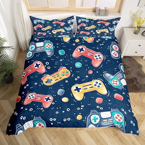Loussiesd Gamer Bedding Set Single Size Kids Game Controller Comforter Cover Set for Boys Teens Gaming Duvet Cover Yellow Red Bedspread Cover Room Decor Quilt Cover