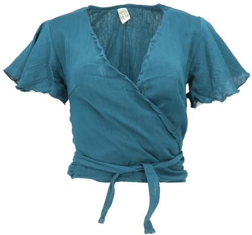 GURU SHOP Boho Wickelbluse, Wickeltop aus Baumwolle, schwarz | Baumwolle, kurzärmlig, regulierbare Weite, vielseitig kombinierbar