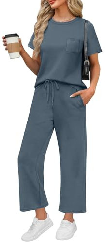 Topassion Zweiteiler Damen Ärmellose/Kurzarm Hosen Mit Weites Bein Hosenanzug 2 Teilig Leicht Tshirt Und Hose Elegant Sommeranzug Casual Sommer Outfits Bequem Jogginganzug Business Anzug(Blue,XL)