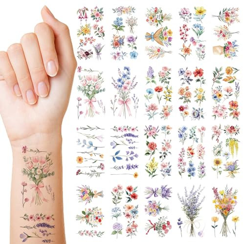 Qpout 106pcs Flower Temporary Tattoos for Women Girls,Watercolor Wildflower Floral Fake Tattoo Stickers for Face Body Art Kids Birthday Party Favors Makeup Supplies(20 Sheets)