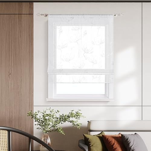 Yujiao Mao Store Bateau sans Perçage, Passe-Tringle, Argenté, L60 x H140 cm | Store transparent à motif floral, hauteur réglable, pour cuisine, salon, chambre et salle à manger, décoration pour intérieur