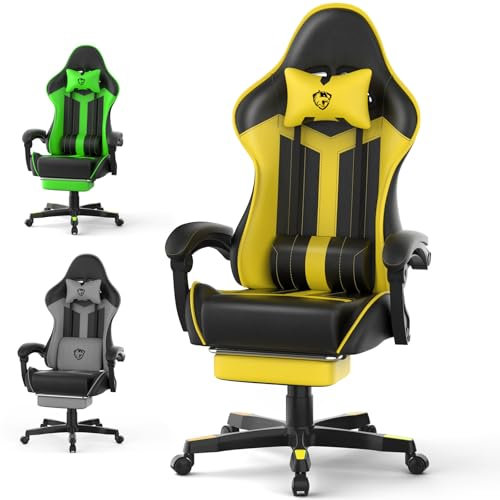 Ferghana Silla Gaming Ergonómica con Masajeador,Silla Gamer,Soporte Lumbar, Reposacabezas, Reposapiés, Incluye Mousepad + Descanso Teclado, Cuero PVC (Negro y Amarillo)