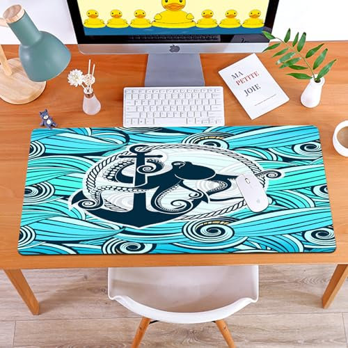 MYAUEYSU Gaming 30x80cm Premium Groß vernähte Kanten langlebig mit high-end Glide und Anti-Rutsch Speed Gaming Mauspad,Symbol der Krake vor dem Hintergrund der stilisierten Meereswellen