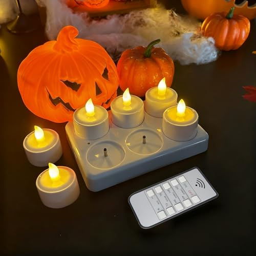 Xndryan LED Teelichter Wiederaufladbar, 6 LED Kerzen mit Fernbedienung und Ladestation, Flammenlose Flackernd Dimmbar Aufladbare Teelichter für Party Weihnachten Halloween Deko