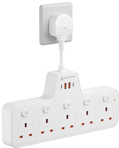 Power Strip Extension Socket 5 Way with Flexible Plug,Short Extension lead | 5 Gang Plug Adapter UK with Individual Switches With 4 Usb, Short Small Extension for Home,Kitchen.(White)