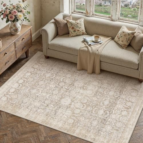 PureCozy Waschbarer Beige Teppich Wohnzimmer 140x200cm Vintage Tepich | Kurzflor Rutschfest,Weich Boho Retro Carpet,Leicht,Schlafzimmer,Esszimmer,Kinderzimmer,Büro