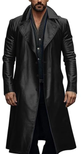 Duohropke Cappotto in Pelle da Uomo Sexy PU Pelle Trenchcoat Metallico Lucido Cappotto in Lana Lungo Mantello Invernale Pelle Sintetica Giacca da Motociclista Giacca per Mezze Stagioni Giacca