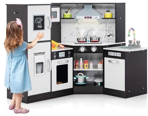 HOMASIS Eck Kinderküche Holz, Spielküche mit Licht, Sound & Dampf, inkl. 16 Zubehör, Spielzeugküche mit Spüle Herd Ofen Mikrowelle Eismaschine Kühlschrank Tafel, Küchenspielset für ab 3 Jahren (Braun)