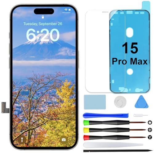 Pantalla para iPhone 15 Pro Max LCD FHD Incell COF Digitalizador 6,7 | Kit de reparación con herramientas, sello impermeable y vidrio templado, pantalla Retina LCD táctil con True Tone y Face ID