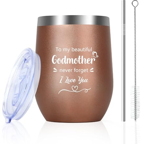 Godmother Gifts for Mothers Day Godmother Presents from Godson Godchild Friend Godparent Birthday Gifts Easter Thank You Gift 12oz Insulated Wine Tumbler with Straw and Lid Coffee Cup Mug Rose Gold
