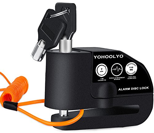 YOHOOLYO Alarm Disc Lock Motorcycle Disc Brake Lock Anti-Theft Waterproof 110 dB 7mm Pin 5ft Reminder Cable for Motorcycles Bike Scooter Carry Pouch (Black)