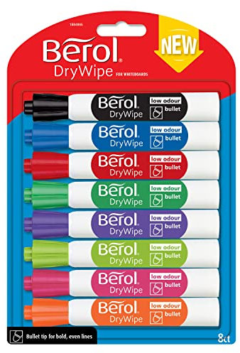 Berol Dry Wipe Whiteboard Marker Pens | Bullet Tip | Assorted Colours | 8 Count Dry Erase Markers