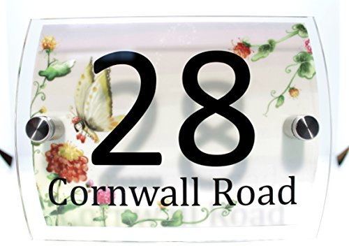 CS Printing House Number Sign Plaque Garden Glass Effect Acrylic Sign Door Plate Marble Wall Display 2 Part Branded Acrylic (Garden Butterfly)