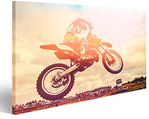 islandburner Bild auf Leinwand Rennläufer auf Motorrad Dirtbike Motocross-Querfeldein im Flug, springt und entfernt Sich auf Sprung Wandbild, Poster, Leinwandbild HOR-1P