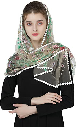 BEAUTELICATE Mantilla Spitze Schleier Katholisch Schal Stola Kopftuch für Damen Kirche Gottesdienst Messe Kapelle Braut V118 (Blätter Blütenmuster - Champagner, 140cm*60cm)