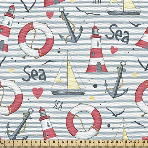 ABAKUHAUS maritim Gewebe als Meterware, Boje Anker Schiff Herz, Schön Gewebten Stoff für Polster und Wohnaccessoires, 1M (148x100cm),Creme Teal