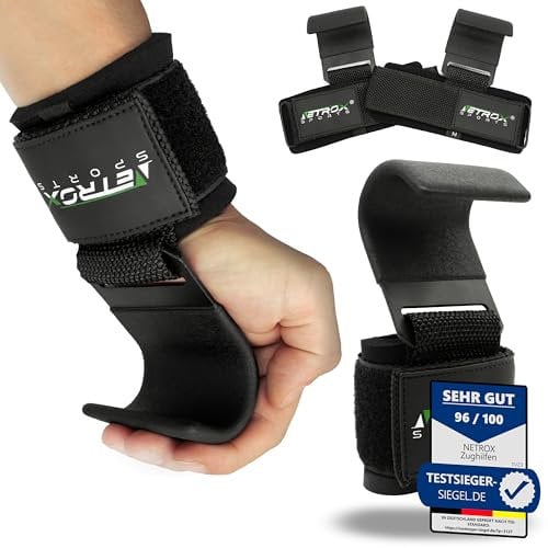 Netrox - Zughaken Zughilfen für Krafttraining - Metall Haken - schwere Gewichte - für Kreuzheben, Bodybuilding mit Handgelenkschutz - Fitness, Grip Zughilfe, Zughilfen Gym für Männer & Frauen