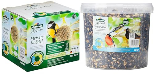 Dehner Natura Wildvogelfutter, Meisenknödel, Bio-Netz, im Karton, 100 Stück (10 kg) & Natura Wildvogelfutter, Streufutter im Eimer, 3 kg