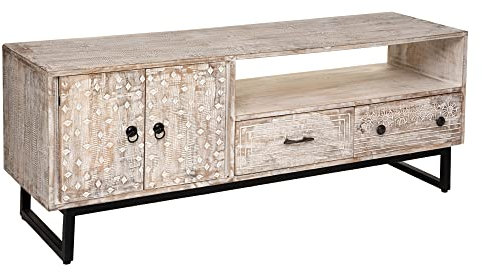 Atmosphera - Meuble TV Ajay - métal et manguier - Motif sculpté 54x140 cm