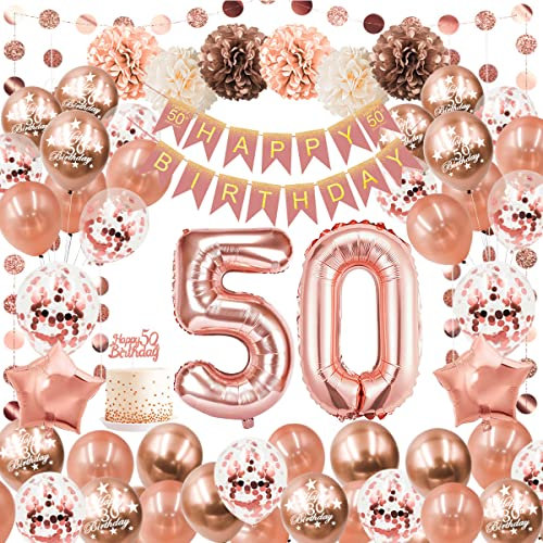50 Geburtstag Deko Frauen,Luftballon 50. Geburtstag Rosegold Mit Geburtstag 50 Deko,Geburtstagsdeko 50 Happy Birthday Banner,Deko 50. Geburtstag Ballons,Konfetti Ballon für 50 Deko Frau Mehrweg