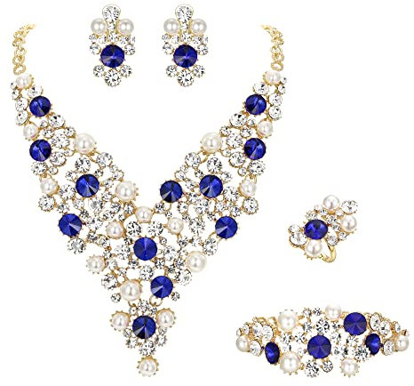 Clearine Cluster Statement Schmuckset Hochzeit Braut simulierte Perle Kristall Strass Halskette Kette Armband baumeln Ohrringe Ring Set für Damen Saphir Blau Gold Ton