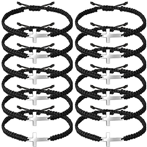 Jadive 12 Pcs Friendship Cross Bracelet Bulk for Women Men Jesus Christian Handmade Adjustable String Nylon Rope Braided Matching Bracelet for Graduation Baptism BFF Lucky Gifts, 6 inch, Stainless