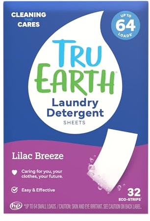 Tru Earth Eco-Strips Laundry Detergent Strips - 32 Loads - Eco-Friendly, Biodegradable Packaging, Ultra-Concentrated, Pre-Measured Strips, Easy Storage - For Machine & Hand Washing - Lilac Breeze, 3g