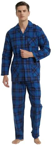 GLOBAL Homme Pyjama Flanelle | Ensembles de Pyjama Homme Coton | Vêtements de Nuit Haut Deux Pièces Chaud |Pyjama Sets Boutonnés à Manches Longues | Loungewear Carreaux Bleus Noirs M