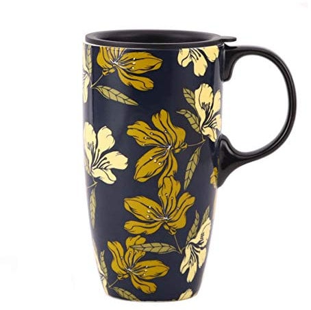 Topadorn Ceramic Travel Mug with Lid and Handle Tall Coffee Cup for Home, Party and Birthday, 17oz. Yellow Flower
