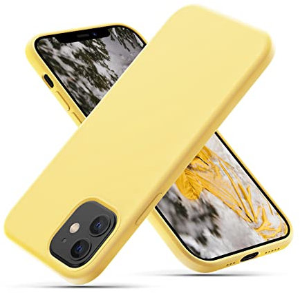 CALOOP Slim-Fit for iPhone 12/12 Pro Case,Skin Soft Liquid Silicone,Sturdy Hard Frame Shockproof Cover with Anti-Scratch Microfiber Lining,Full Protection for Screen and Lens,6.1 inch,Lemon Yellow