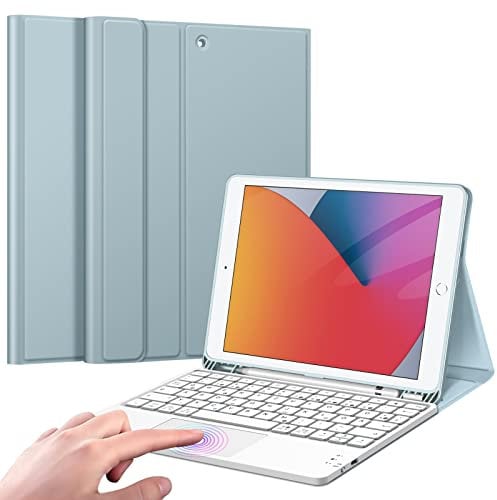 Fintie Tastatur Hülle für iPad (9. / 8. und 7. Generation - 2021/2020/2019), iPad 10.2 Zoll Deutscher Tastatur mit Touchpad Magnetisch Abnehmbarer Keyboard, Eisblau