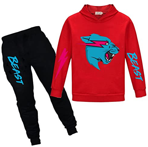 TONGQUD Mr Beast Jungen Hoodies YouTube Gamer Kleidung Set Lightning Cat Hoodie und Hose 2pcs/Sets Trainingsanzüge für Mädchen, rot, 5-6 Years