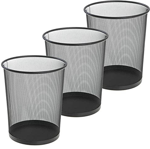 Mesh Waste Paper Bin Basket (Pack of 3) Durable Metal Wire Garbage Rubbish Trash Can For Home Office Bedroom Kitchen Dorm Rooms-Color: BLACK-Capacity: 20 Liters
