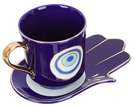 Trjgtas Keramik-Kaffeetasse mit Untertassen-Set Evil Eye Mug Cup mit Hamsa Handuntertasse Teller Teller Türkisches Nazar-Amulett Blau for Tischdekoration Blau (Color : Blu)