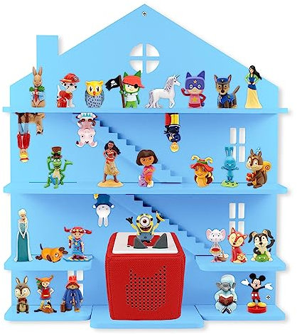 Regal für Tonies Hörfiguren und Toniebox, Holzregal für Babyzimmer Jungen Deko, 4 Etagen Wandhängendes Regale für bis zu 50 Tonies Anzeige, Geburtstagsgeschenk Mädchen, Blau Haus
