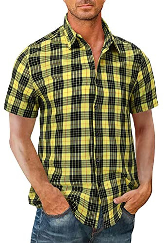 Onsoyours Chemise Homme Manches Courtes Carreaux Décontractée en Coton Western Regular Fit Casual Mince Taille Respirant Shirt Tops Blouse C Jaune XXL