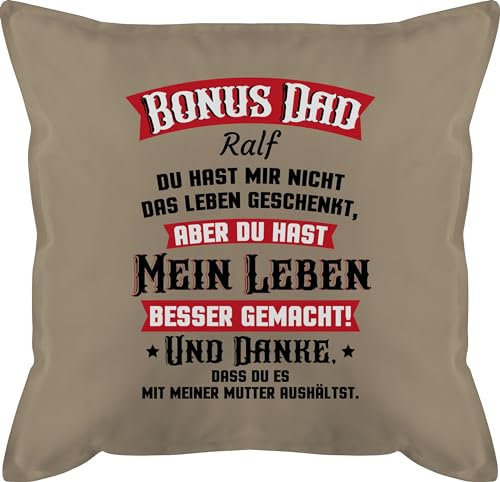 Kissen 50x50 - zum Vatertag - Bonus Dad Stiefvater Papa Geschenk - 50 x 50 cm - Beige Natur - papakissen Vatertagsgeschenk Name füllung Vater Geschenke Vatertagsgeschenke Papas väter