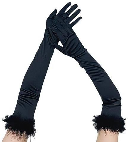 MFUOE 1 Paar lange gefiederte Satin-Handschuhe – Retro-Party-Opernhandschuhe für Bühnenshow & Halloween, Schwarz , One size