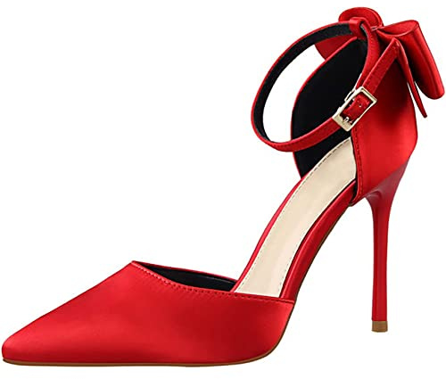 EXECAB Damen-Pumps mit Spitzen Zehen und Knöchelriemen, Pumps mit Schleife, Stiletto-Sandalen für Damen, Pumps mit Spitzen Zehen, Kleid, Party-Sandalen,Rot,35