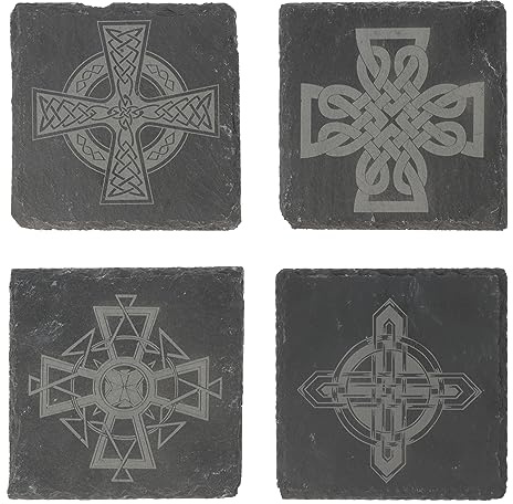 4er Set Untersetzer aus Schiefer mit keltischen Kreuzen|Trinkglasuntersetzer|Glasuntersetzer und Tassen|Mystische Motive|hochwertige Lasergravur|Geschenkidee Wikinger|Geschenkset Untersetzer