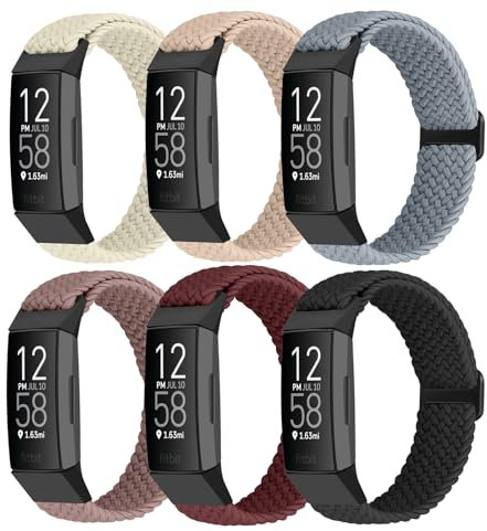 Dehnbare Schlaufenbänder, kompatibel mit Fitbit Charge 4/Fitbit Charge 3, verstellbare, geflochtene Nylonbänder für Damen und Herren, 6 Stück