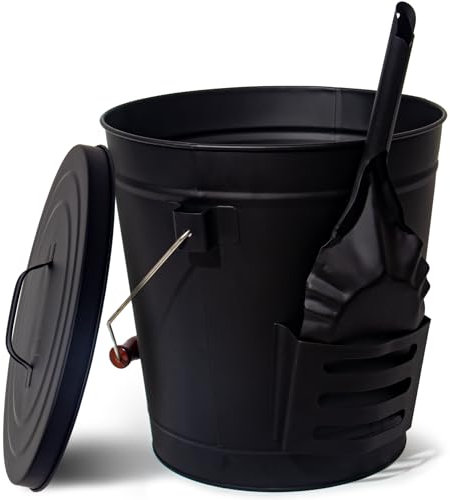 Theo&Cleo Ascheeimer mit deckel und schaufel, 20L Feuerfest Metalleimer, Kohleeimer für Kohle und Asche, Kamin, Ofen, Grill (Schwarz-20L)