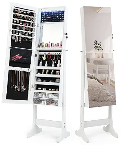 COSTWAY LED Lights Jewellery Cabinet, Freestanding Lockable Jewelry Armoire with Full Length Mirror and Large Storage, Angle-Adjustable Bedroom Cosmetics Makeup Jewellery Organiser Unit Gift (White)